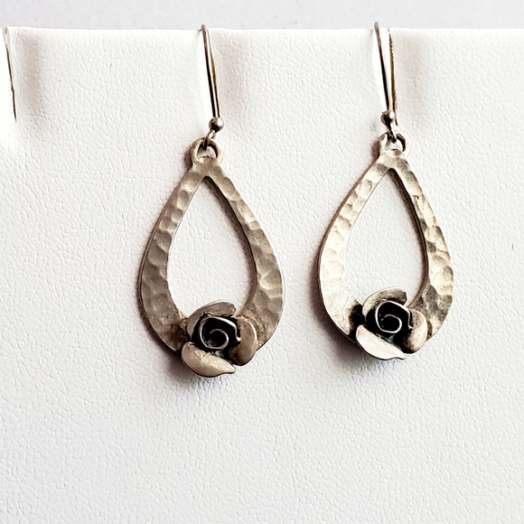 RL Israel Matte Sterling Hammered Teardrop Earrings with Roses - Picture 5 of 8